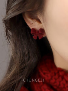 Spring Gingham Red Bows Stuffed Ear Clip Female No Pierced Mosquito Coil Earrings Christmas Painless Earrings Fall and Winter Tide