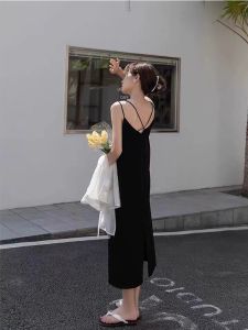 Black Base Layer Spicy Girl Dress Womens Spring Summer Design Niche Outdoor Wear French Slim Long Split Strap Dress Autumn