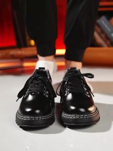 Mens Black Leather Casual Shoes Non-slip Platform Lace-up Dress Shoes for Daily & Outdoor