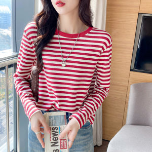 Autumn Winter Striped Base Layer Shirt Womens Fashion Long Sleeve Flocking inside Wear Loose Retro Style Cotton Polyester T-Shirt