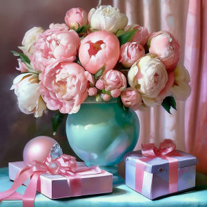 Huacan Full Square Round Diamond Painting Pink and White Peony Gift Box Diamond Mosaic Flower New Collection Home Decor