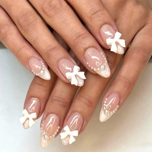 24Pcs French 3D White Bowknot Press On Nails Medium Almond False Nail Tips With Pearl Sweet Summer Wearable Y2K Fake Fingertips