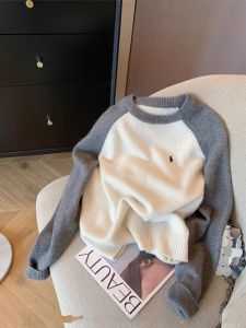 Womens Short Knitted Sweater Autumn Winter Outerwear Korean Style Soft Lazy Color Block Shoulder Insert Sleeve Slimming Base Layer