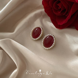 Aniston Retro Hong Kong Style Court High Grade Artistic Elegant Ruby Pearl Ear Studs Ear Clip