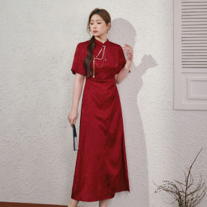 Red Wedding Dress Chinese Style New Large Size Womens Clothing Summer Waist-Cinching Belly-Covering Qipao Dress Blue Language
