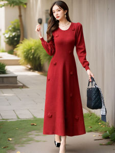 Romantic Knitted Dress Womens Autumn Winter Thickened A-Line Skirt Elastic Knit Retro French Style Floral 3D Embroidery Base Dress