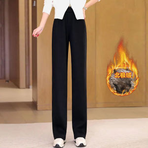 High Waist Fleece Lined Casual Wide Leg Pants Womens Autumn Winter Sports Straight Cut Trousers Comfortable Loose Fit Trousers