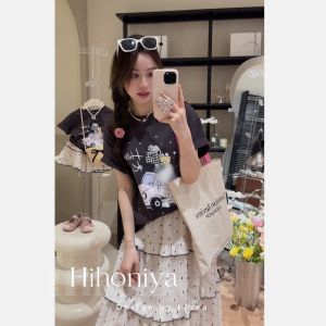 Cute Kitty Cat Print T-Shirt Polka Dot Skirt Set Spring Summer Childrens Clothing Korean Style Cotton Blend Casual Outfit