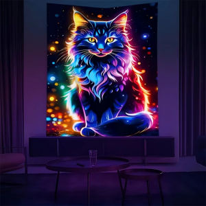 VIKAMA Illusion Neon Cat Tapestry Starry Sky Light Spots Background Living Room Bedroom Art Waterproof Dust Ins Style Decoration