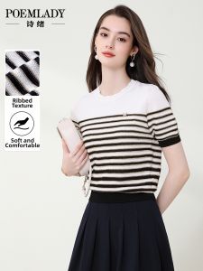 POEMLADY | Striped Slim Lightweight Short Sleeve Knit Top