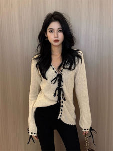 เสื้อสเวตเตอร์ถักสีน้ำตาล ทรงหลวม แขนยาว คอวี สำหรับผู้หญิง ฤดูใบไม้ร่วง 2025 โพลีเอสเตอร์ ไม่ต้องรีไซเคิล