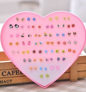Childrens Plastic Earrings with Heart Shaped Water Diamonds Allergy Free Soft Clay Ear Clips Cartoon Style Silicone Ear Studs