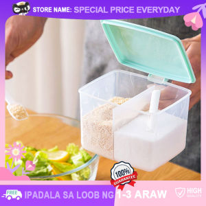 2-in-One Seasoning Storage and  Dispense Boxes with Spoons Lid Handle Two Compartments Japanese Style Kitchen Salt Sugar Container Condiment Organizer Jars Flip Spice Pots