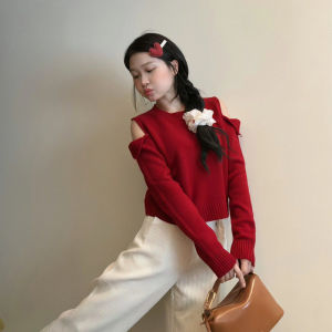 BINKAFENNY | Red Shoulder-baring Knitwear Womens Short Wool Base Shirt Inner Wear Autumn Fashion 2025 New Style Korean Commute Style