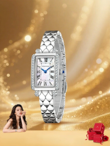Shanghai | Female Small Square Watch with Magnolia Pattern and Real Diamond
