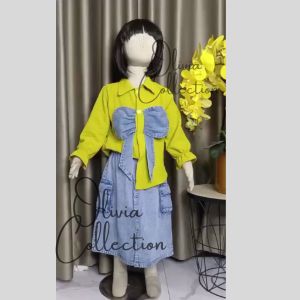 Buffy Set Rok Jeans Wash Anak Perempuan Import Terbaru 2023 Usia 3 - 12 Tahun Oneset RokLavana Jeans Wash Mix Crinkle Tali Pita Variasi Dasi Kupu Kupu Pita Anak Perempuan Rok Cargo Jeans Import - COD