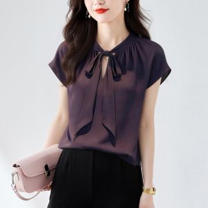 V.C.I | Elegant White French Bow Tie Chiffon Blouse Short Sleeve