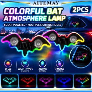 Aitemay 2pcs Solar Car Ambient Light Bat LED Neon Lamp 300mAh Battery Type-C Charging Vibration Sensor Auto Interior Decor