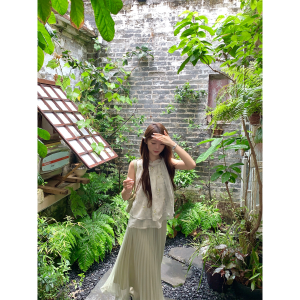 Traditional Style Sleeveless Embroidered Top Pleated Skirt Set