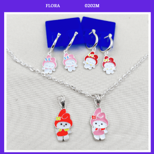 FLORA 0202M - Set bạc dây chuyền bông tai hình thỏ My Melody màu hồng đỏ dành cho bé gái