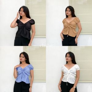 Baju Blouse Wanita Atasan Lengan Pendek Lady Crush Crinkle Anti Lecek Korean Style Kekinian Terbaru Ootd Quina Top by Clashe