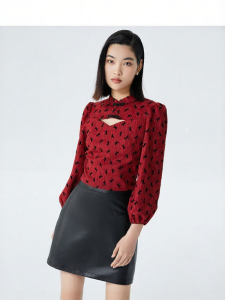 Vero Moda | Autumn Short Mandarin Collar Snap Fastener 3/4 Sleeve Bubble Sleeves Blended Style Top