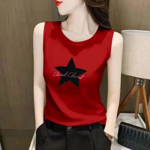 Red Cotton Crop Top Womens Slim Fit Sleeveless Vest Inner Wear Outerwear Summer Fashion Print Single Piece Regular Length