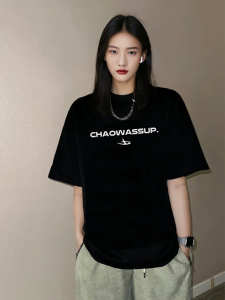 Chao Wassup American Retro Short Sleeve Cotton T-Shirt Women Summer Heavyweight Loose Fit Couples Casual Creative Print Top