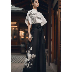 New Chinese Style Hanfu Womens Summer Dress Set Improved Version Ink Wash Horse Tailed Skirt Adult Size Fashionable Ensemble