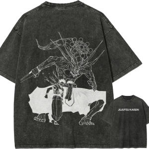 Bandai | Mahoraga Sukuna T-shirt Jujutsu Kaisen Line Art Tee Vintage Washed Oversized Anime Harajuku Men Streetwear Graphic Clothes