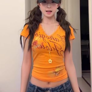 Áo Thun Cotton Tay Ngắn in Hoa Màu Cam Gợi Cảm Cho Nữ Mùa Hè Thiết Kế Ôm Vừa Vặn Đa Năng Thời Trang Thường Ngày