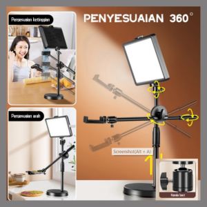 360° LED Lampu Stand 8 Inci Video Light Fill Light Tripod Lighting Phone Holder Set Bracket 360° Lampu Fotografi Shooting Konten Kreator Masak Make up Tempat Telepon Seluler Overhead Pro
