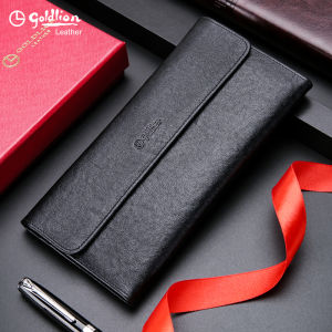 Goldlion Mens Long Thin Leather Wallet Soft Genuine Leather Card Holder Tri-Fold Business Casual Purse Youth Fashion