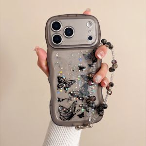 Epoxy Glitter Stars Butterfly Clear Shockproof Soft Phone Case for iPhone Air 11 12 13 14 15 16 17 Pro Max 17E Wrist Chain Cover