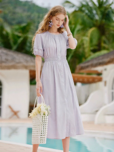 XIANGYING | Purple Round Collar French Style A-Line Bubble Sleeve Fitted Cotton Dress Mid-Length