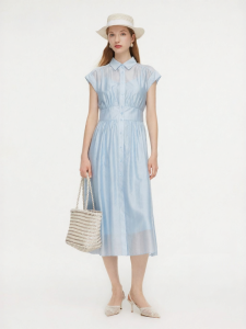 Gloria | Elegant Blue Tencel Shirt-collar Flutter-sleeve Dress