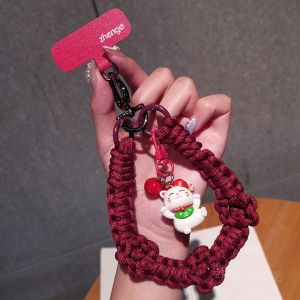 Short Phone Strap Woven Handheld Bracelet Robust Ins Creative Double Buckle Lanyard New Year Cartoon Lucky Cat Bell Pendant Phone Case Anti-Loss Handheld Chain