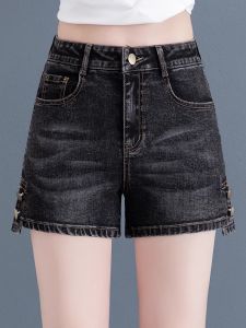 High Waist Straight Leg Short Jeans Womens Summer Thin New Style A-Line Wide Leg Hot Pants Thinming Effect Deep Blue Color