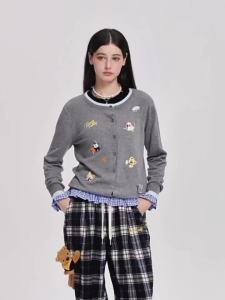 Cute Embroidered Cartoon Design Womens Round Neck Long Sleeve Cardigan