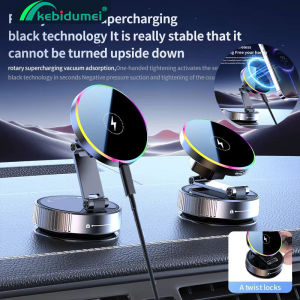 Kebidumei Car Ma-gnetic Wireless Charging Stand With Built-in Ambient Light Supporting 360 ° All-Round Rotation for Phone 15 14 13 Pro Suction Cup Vacuum Foldable