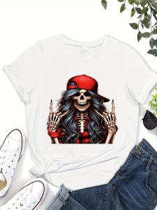 Halloween Skull Print Crew Neck Casual Short Sleeve Top for Spring Summer Womens Clothing Womens Harajuku Short Sleeve Casual