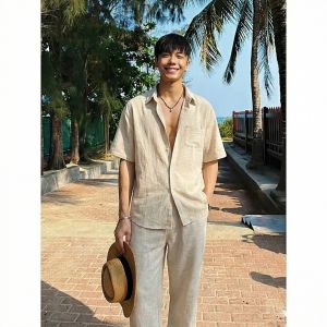 OUMULONG | Vintage Style Linen Look Shirt Set With Wide Leg Pants