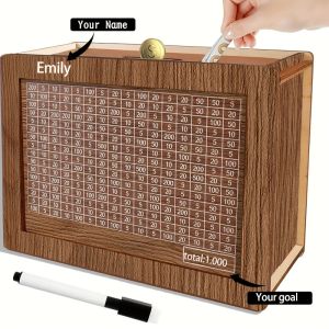 Wooden Piggy Bank Reusable Handmade Money Box Piggy Bank with Saving Goal and Numbers To Check for Helps The Habit of Saving