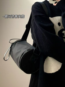 Waterproof Nylon Casual Crossbody Bag Womens round Tube Single Shoulder Satchel Vintage Style Zipper Closure Soft Handbag