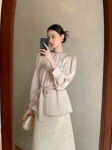 XXNING | Áo Sơ Mi Nơ Cổ Pháp Dây Đan Elegance Trẻ Trung Giúp Gọn Gàng
