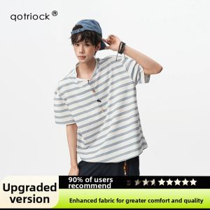 QOTRIOCK | American Style Horn Button Henley Collar Striped T-Shirt