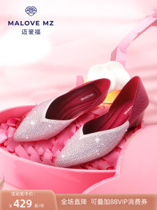 Malove MZ Queen Shoe Crystal Low Heel Womens Fashion Single Shoes Sharp Pointed Toe Versatile mid Heel Commuter Shoes