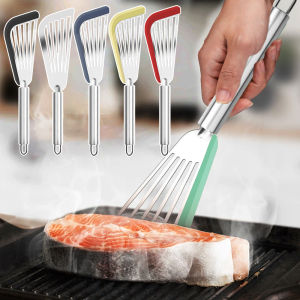 ตะหลิวกรองไม้พายแสตนเลสสตีลปลาซิลิโคนพร้อมขอบนุ่มทนความร้อนได้ภาชนะอุปกรณ์ทำอาหารในครัว