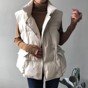 Autumn Winter Cotton Vest Women Korean Version Waist Cinched Thick Camisole Cardigan Jackets Female Coats Warm Womens Clothing