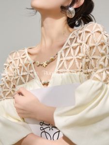 PlumJan | V-neck Puff Sleeves Summer Lace Stitched Waist Slimming Dress